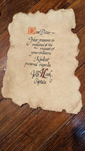 Load image into Gallery viewer, Hand-written Hook Note Replica on stained torn-edge paper